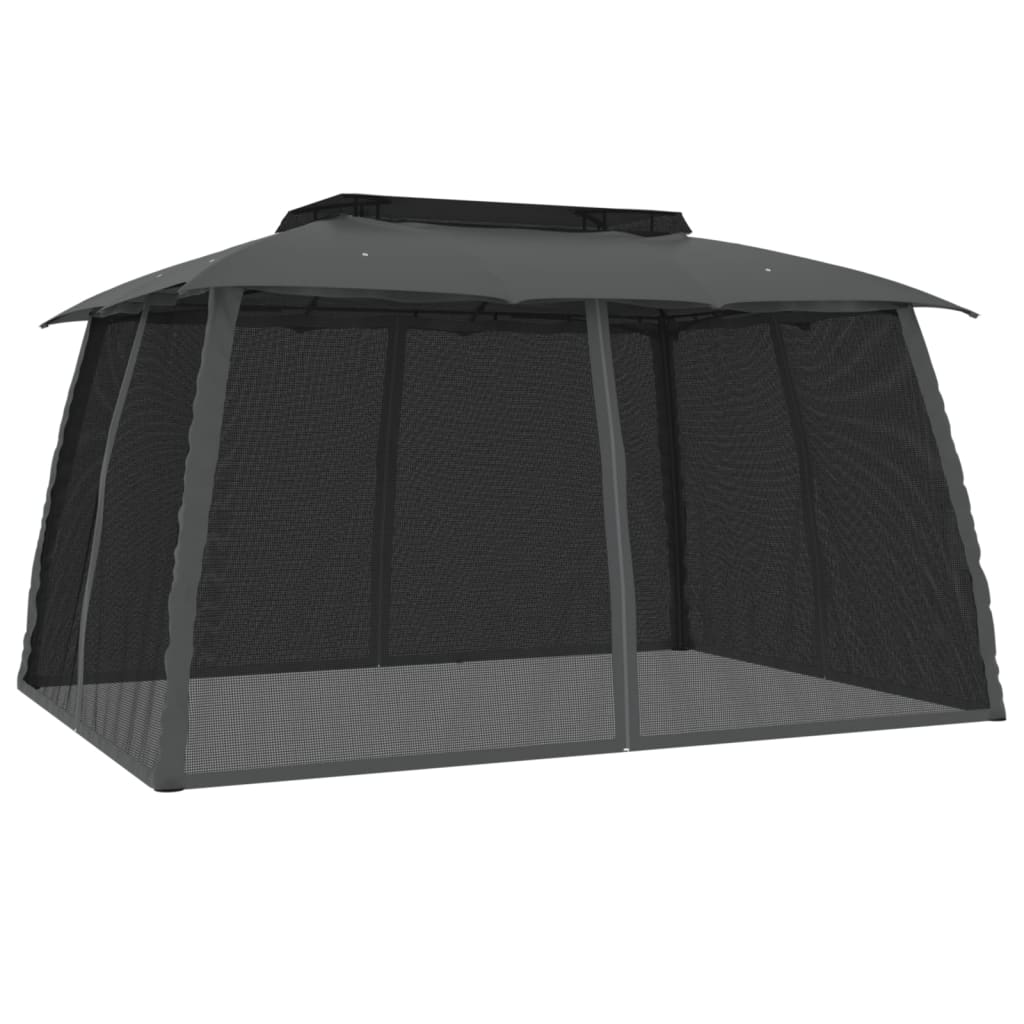 Gazebo Tetto Doppio e Pareti Rete Antracite 3,93x2,93 m Acciaio