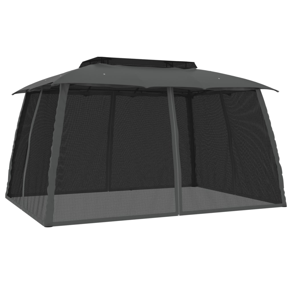 Gazebo Tetto Doppio e Pareti Rete Antracite 3,93x2,93 m Acciaio