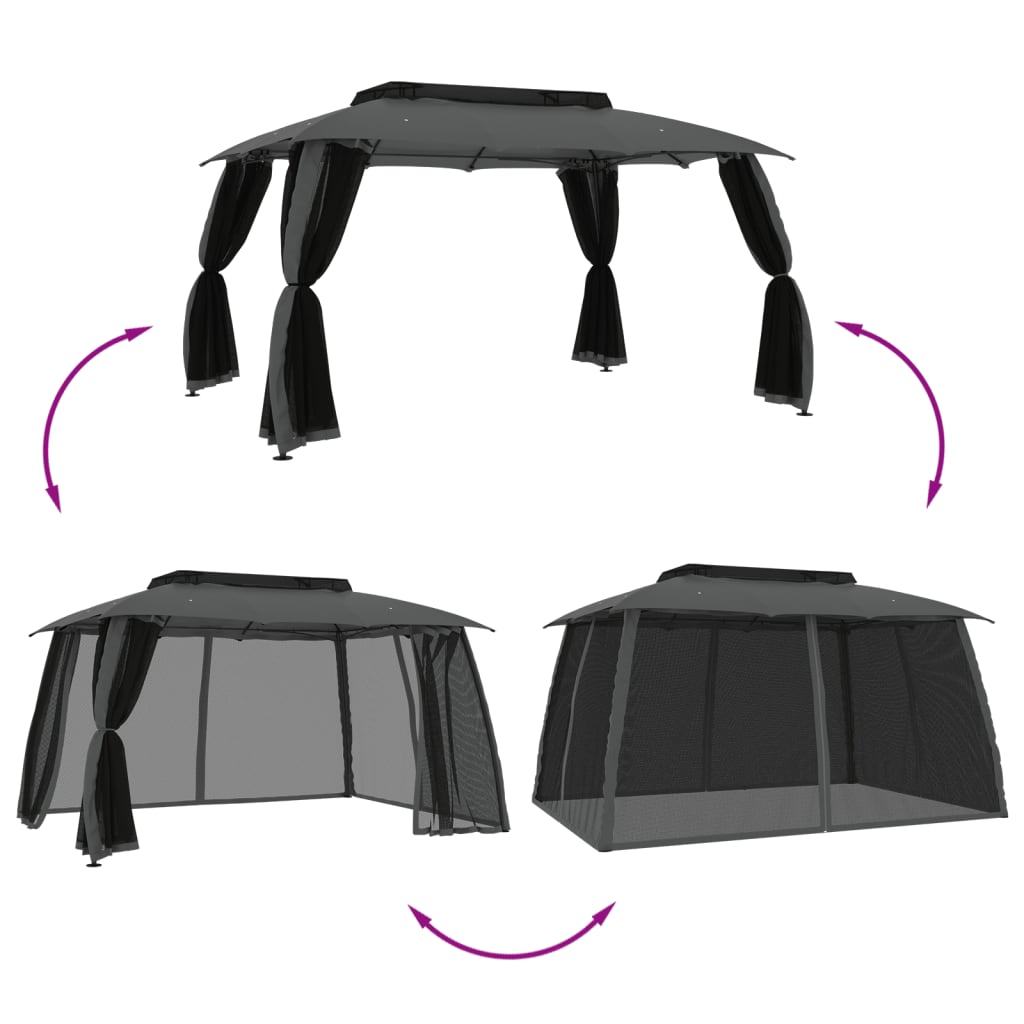 Gazebo Tetto Doppio e Pareti Rete Antracite 3,93x2,93 m Acciaio