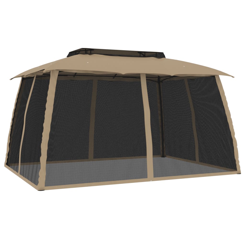 Gazebo con Tetto Doppio/Pareti Rete Tortora 3,93x2,93 m Acciaio