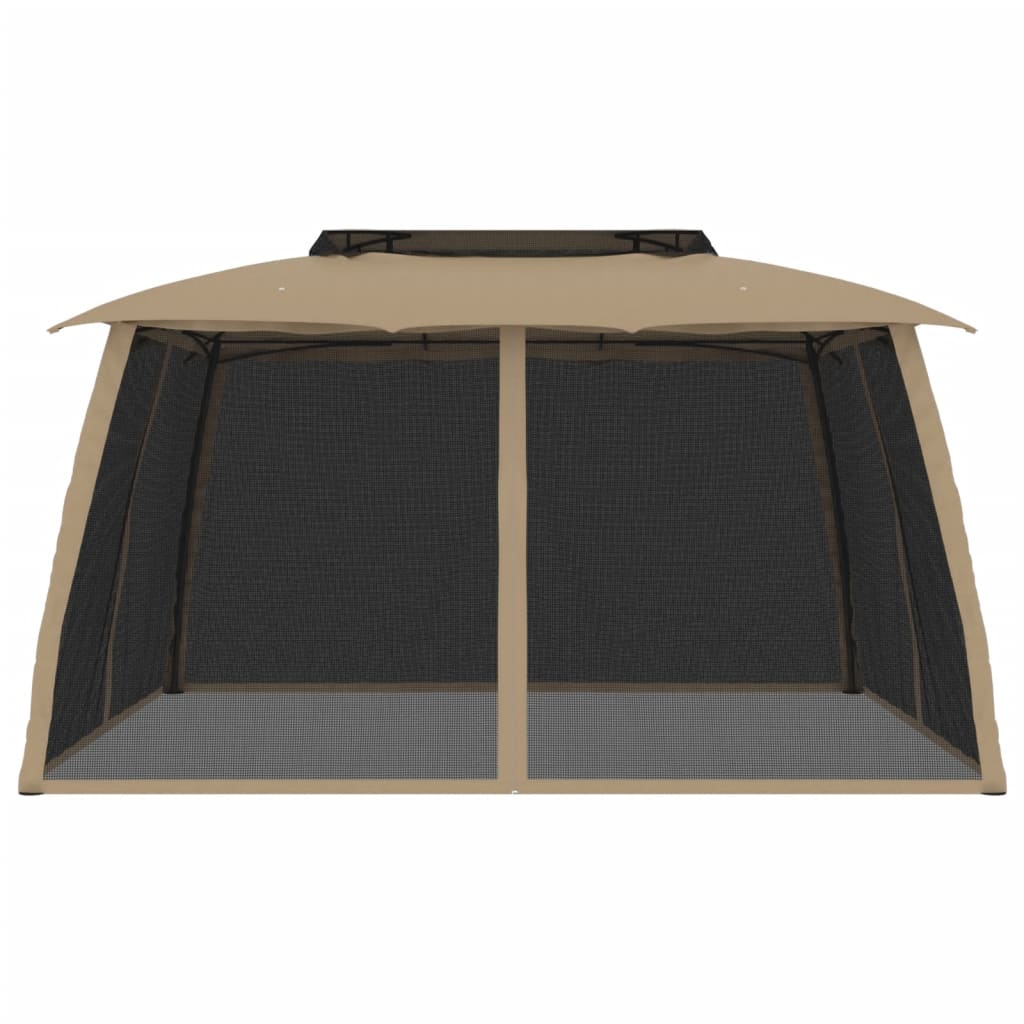 Gazebo con Tetto Doppio/Pareti Rete Tortora 3,93x2,93 m Acciaio