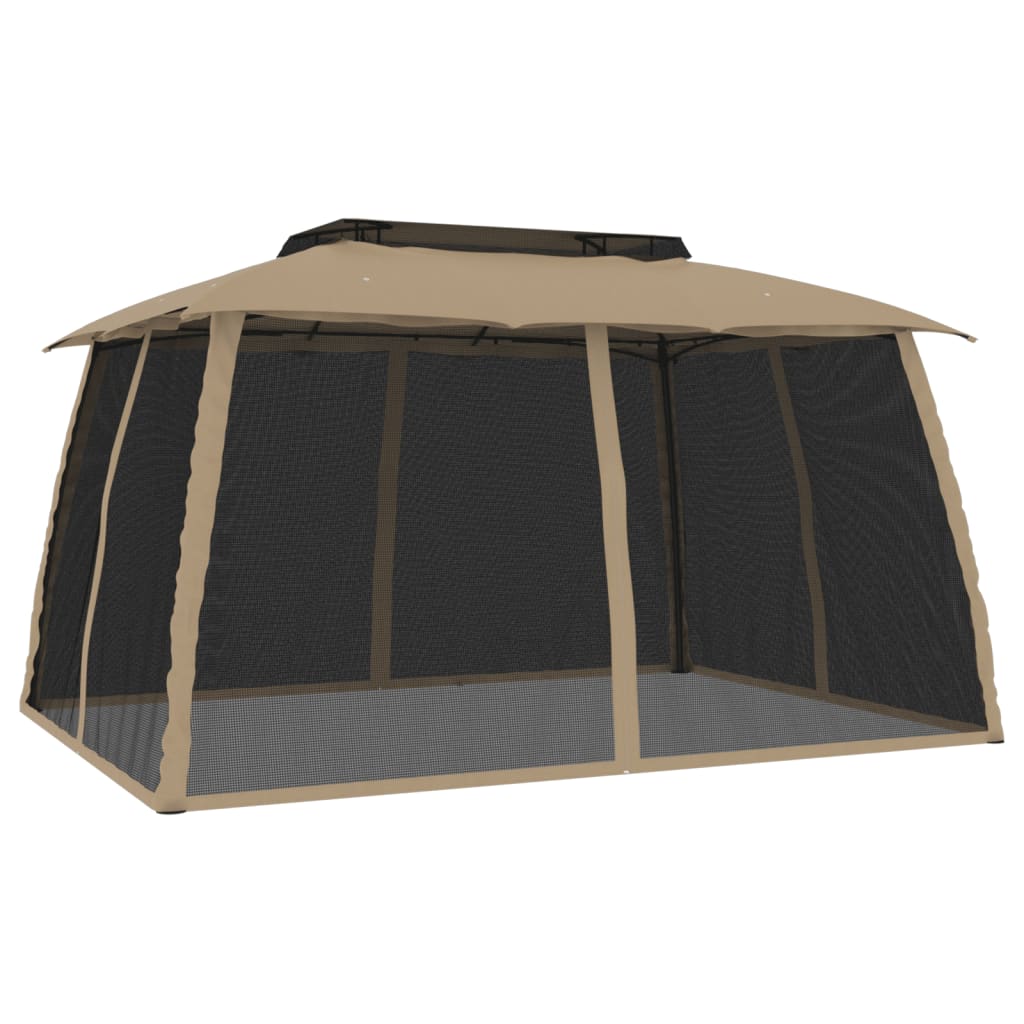 Gazebo con Tetto Doppio/Pareti Rete Tortora 3,93x2,93 m Acciaio