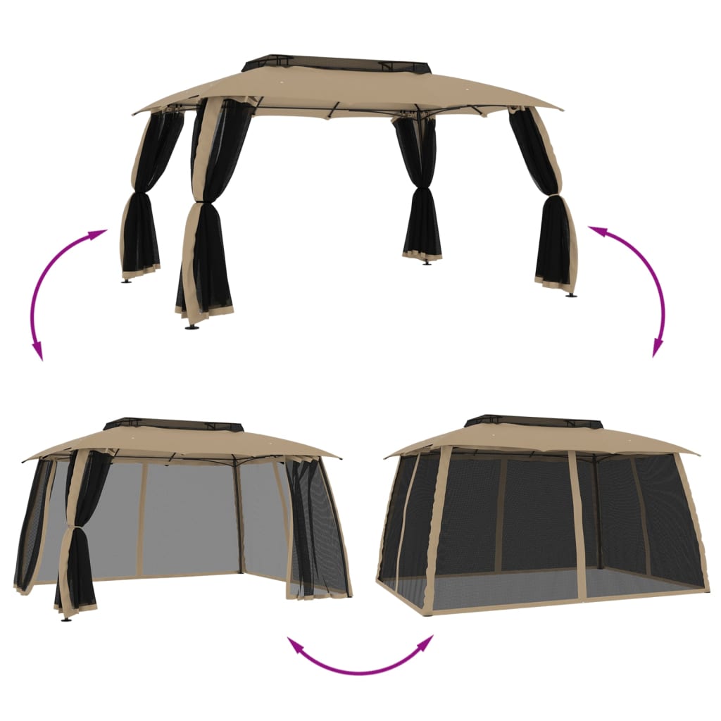 Gazebo con Tetto Doppio/Pareti Rete Tortora 3,93x2,93 m Acciaio