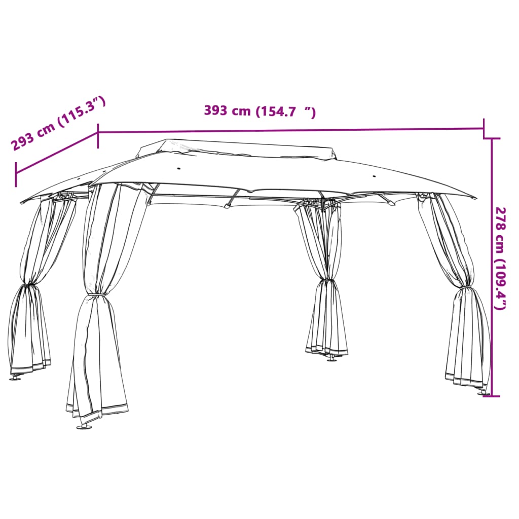 Gazebo con Tetto Doppio/Pareti Rete Tortora 3,93x2,93 m Acciaio