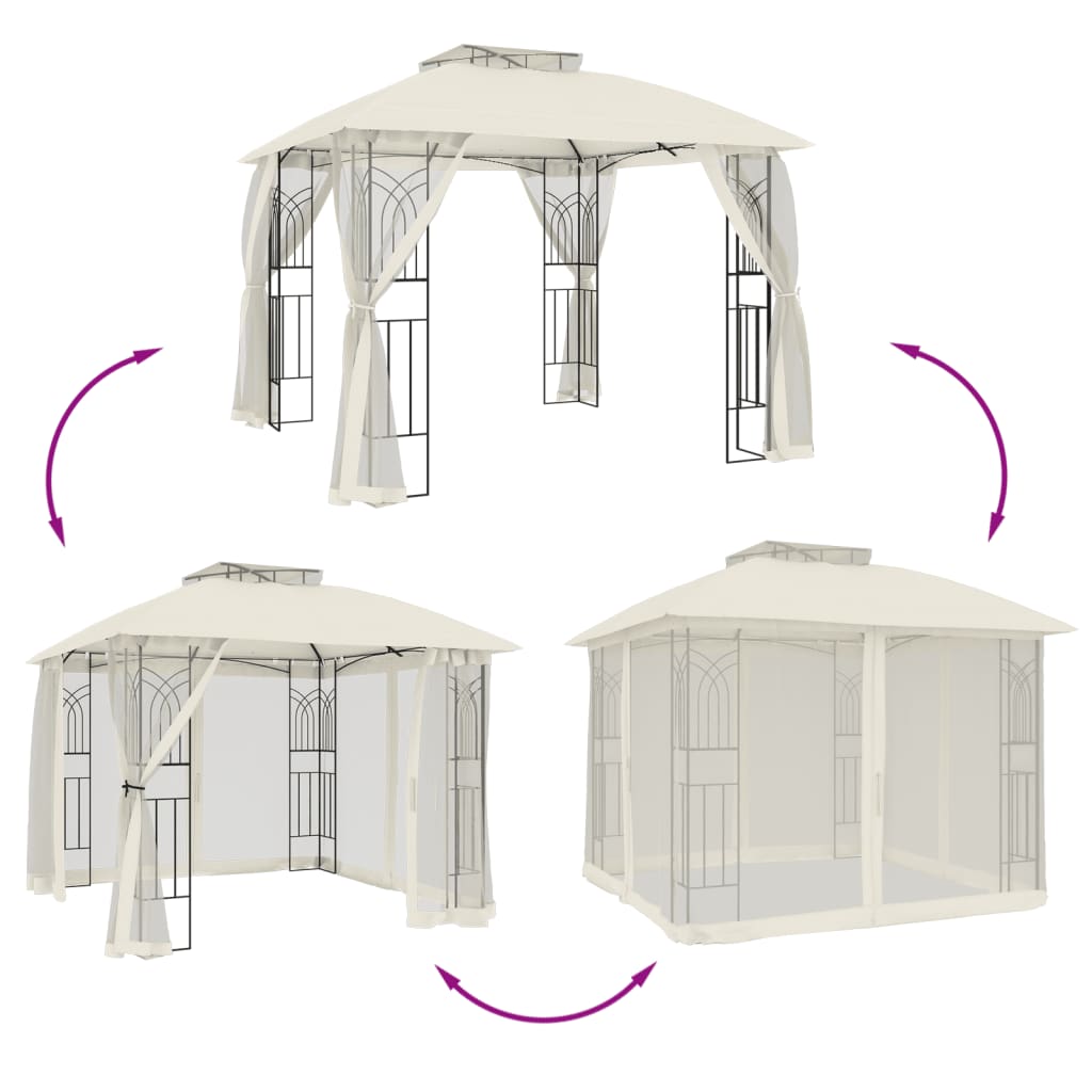 Gazebo con Tetto Doppio e Pareti Rete Crema 2,94x2,94 m Acciaio