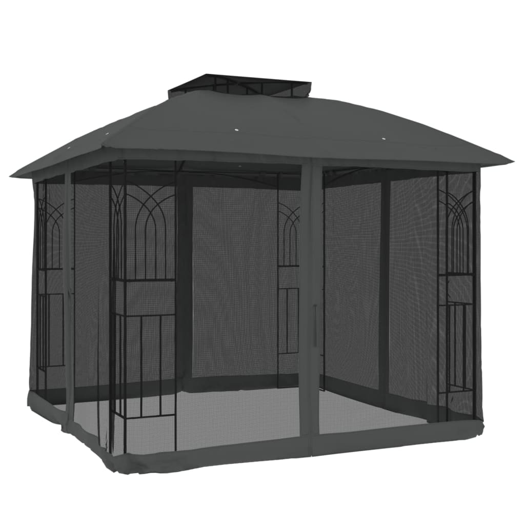 Gazebo Tetto Doppio e Pareti Rete Antracite 2,94x2,94 m Acciaio