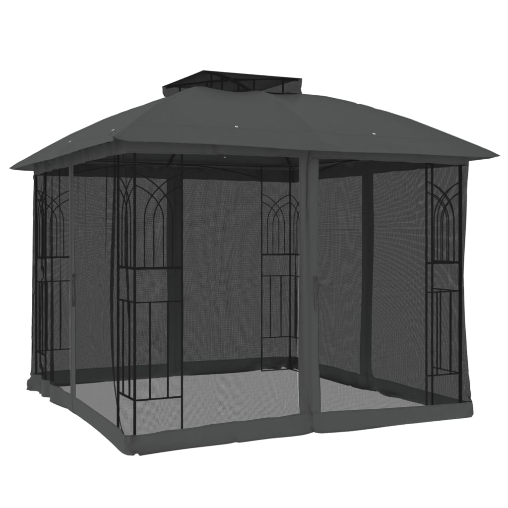 Gazebo Tetto Doppio e Pareti Rete Antracite 2,94x2,94 m Acciaio