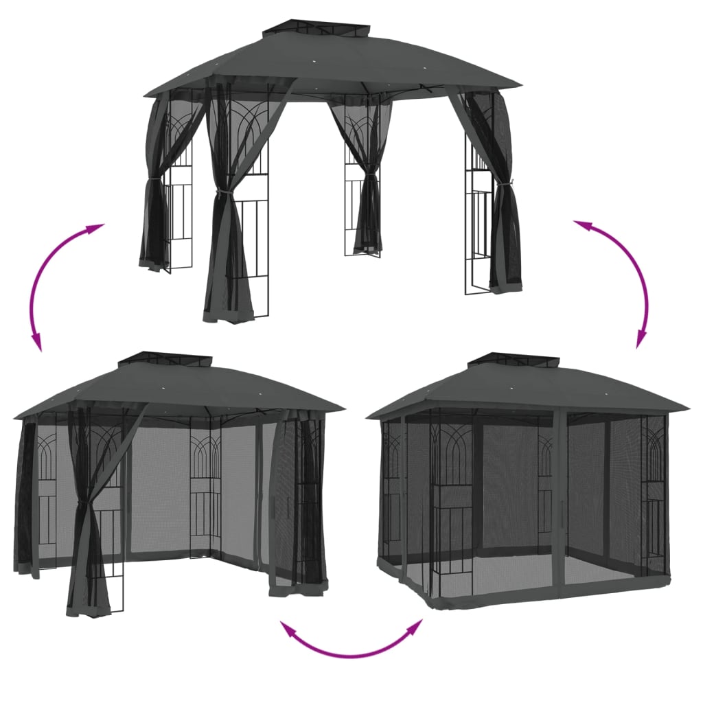 Gazebo Tetto Doppio e Pareti Rete Antracite 2,94x2,94 m Acciaio
