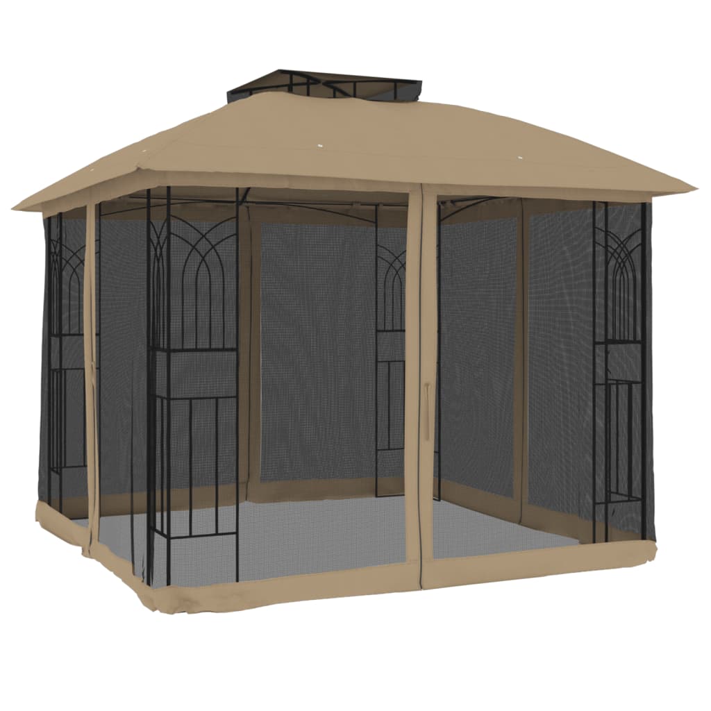 Gazebo con Tetto Doppio/Pareti Rete Tortora 2,94x2,94 m Acciaio