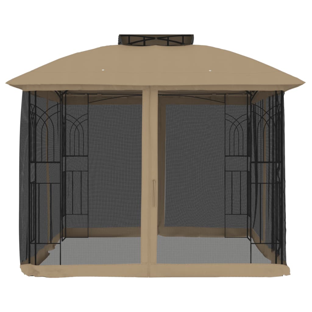 Gazebo con Tetto Doppio/Pareti Rete Tortora 2,94x2,94 m Acciaio