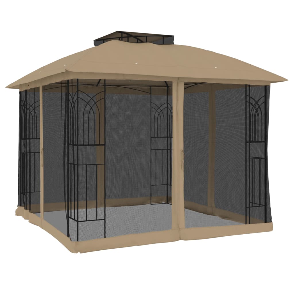 Gazebo con Tetto Doppio/Pareti Rete Tortora 2,94x2,94 m Acciaio
