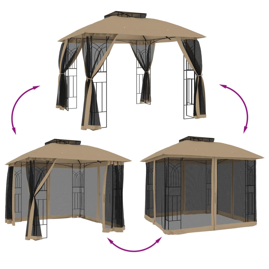 Gazebo con Tetto Doppio/Pareti Rete Tortora 2,94x2,94 m Acciaio