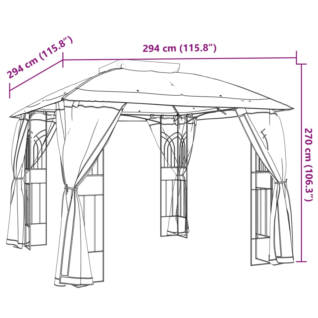 Gazebo con Tetto Doppio/Pareti Rete Tortora 2,94x2,94 m Acciaio
