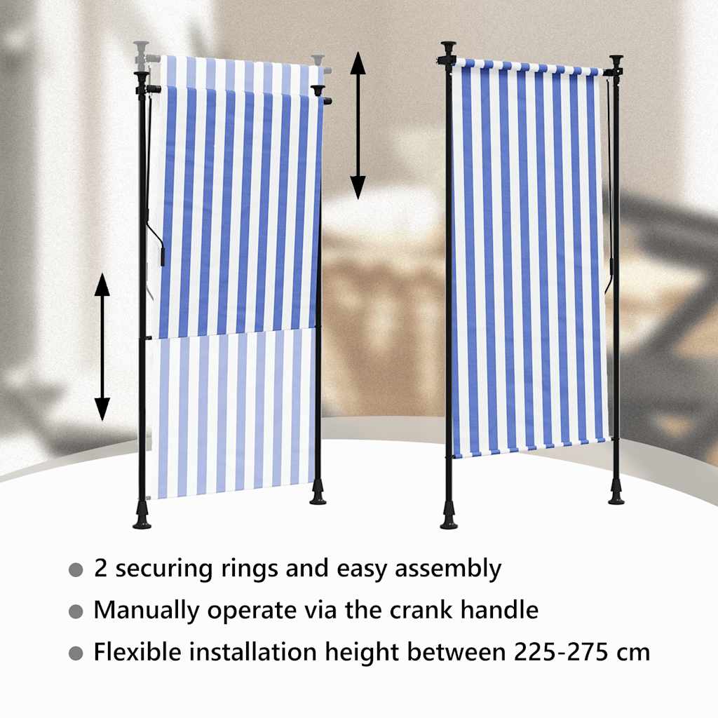 Tenda a Rullo Esterno Blu e Bianca 120x270cm Tessuto e Acciaio