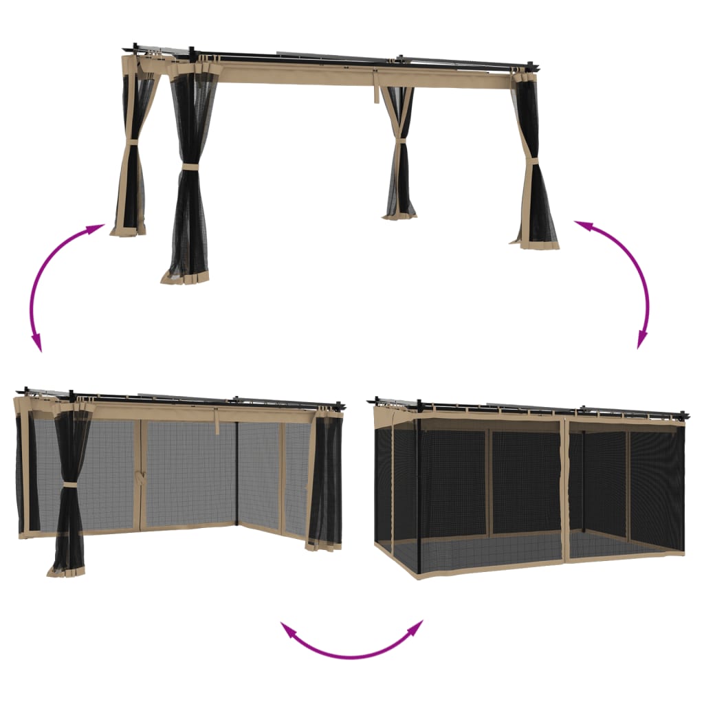 Gazebo con Pareti in Rete Tortora 4x3 m in Acciaio