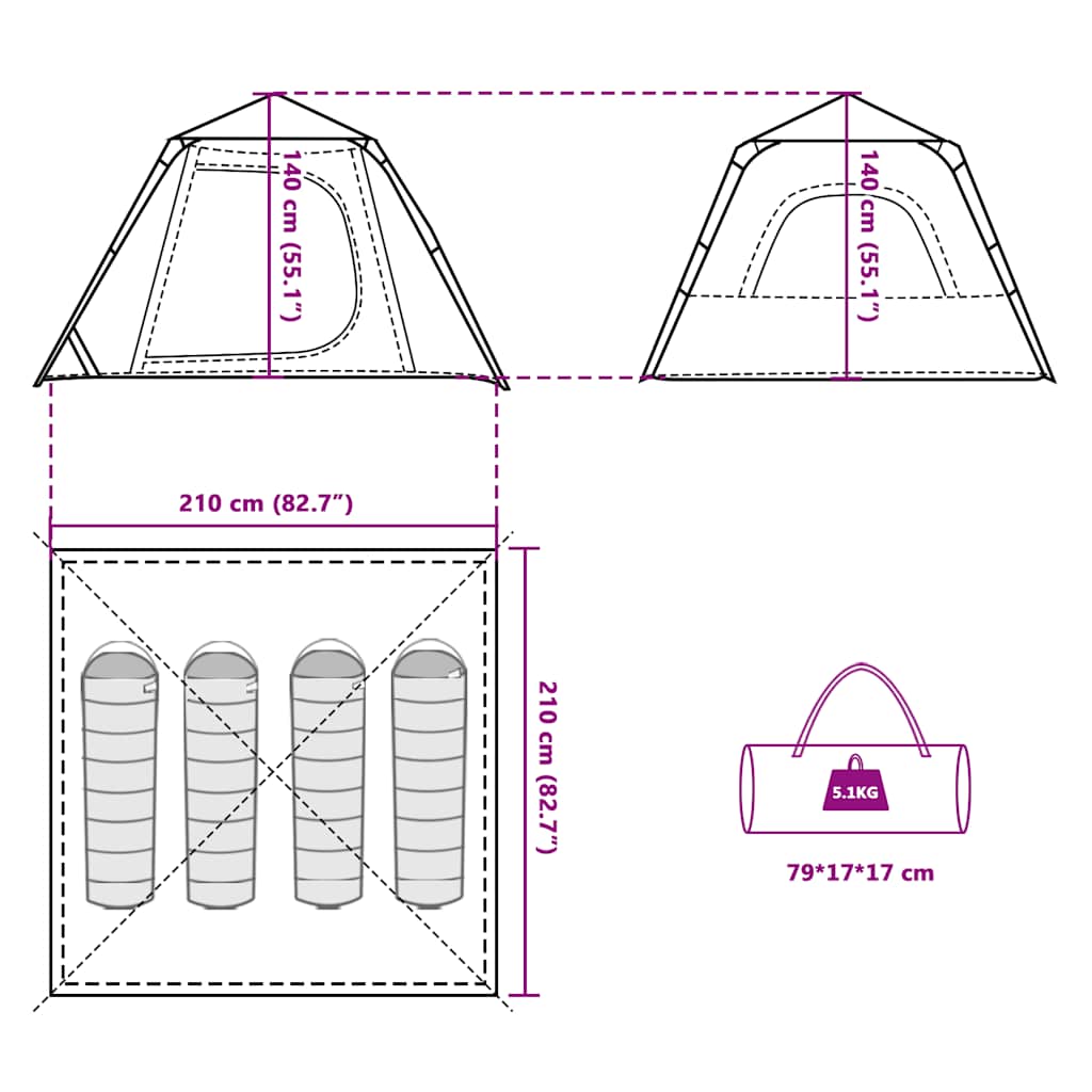 Tenda a Cupola da Campeggio 4 Persone Verde a Rilascio Rapido