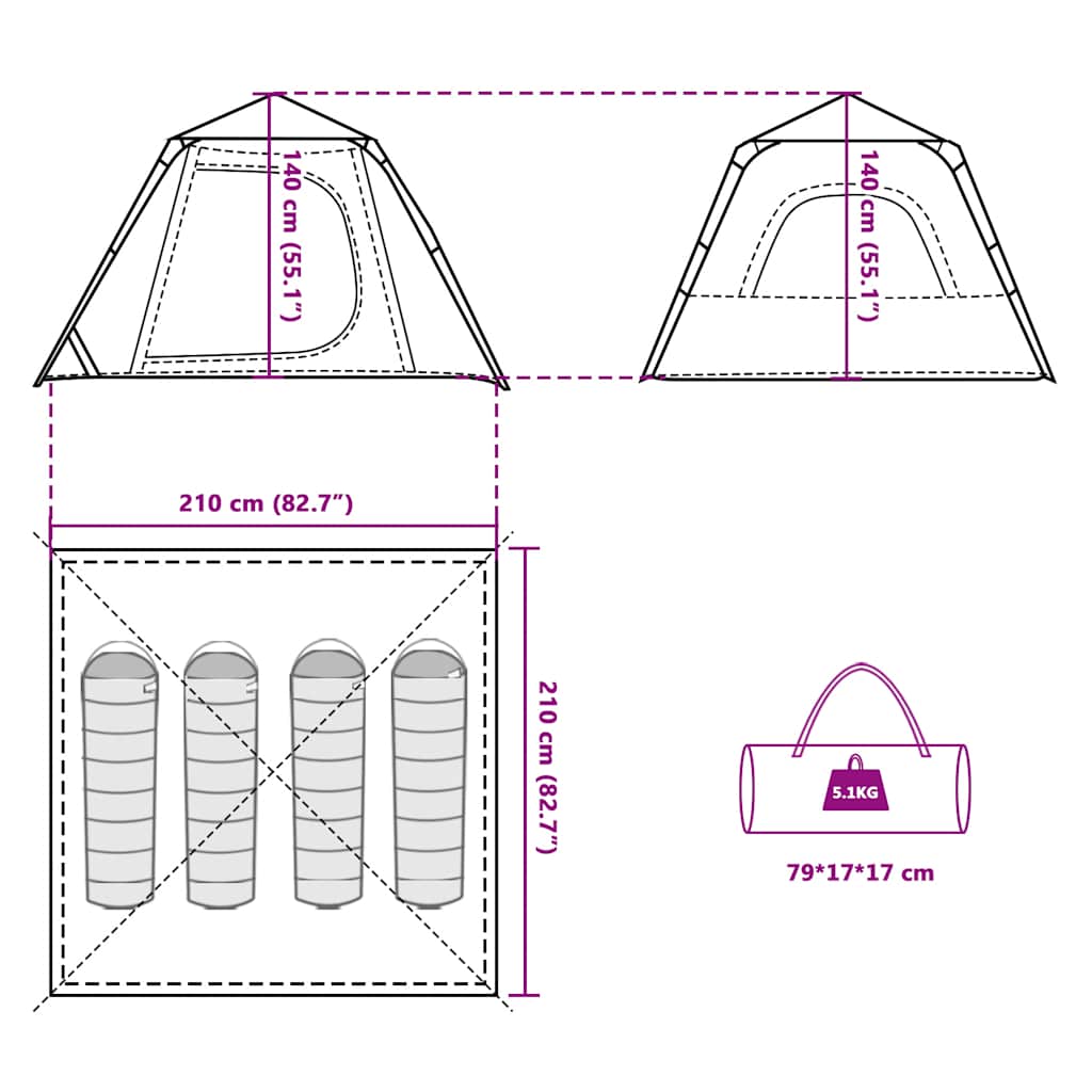 Tenda a Cupola da Campeggio 4 Persone Blu a Rilascio Rapido