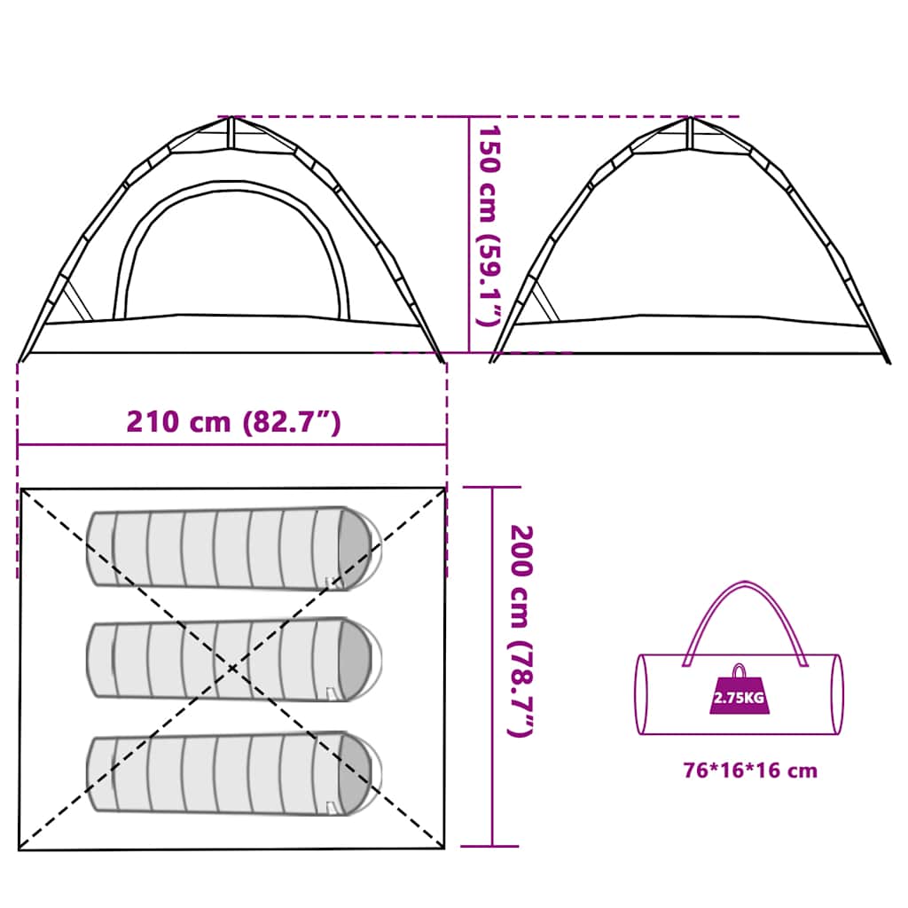 Tenda da Campeggio 3 Persone Verde a Rilascio Rapido