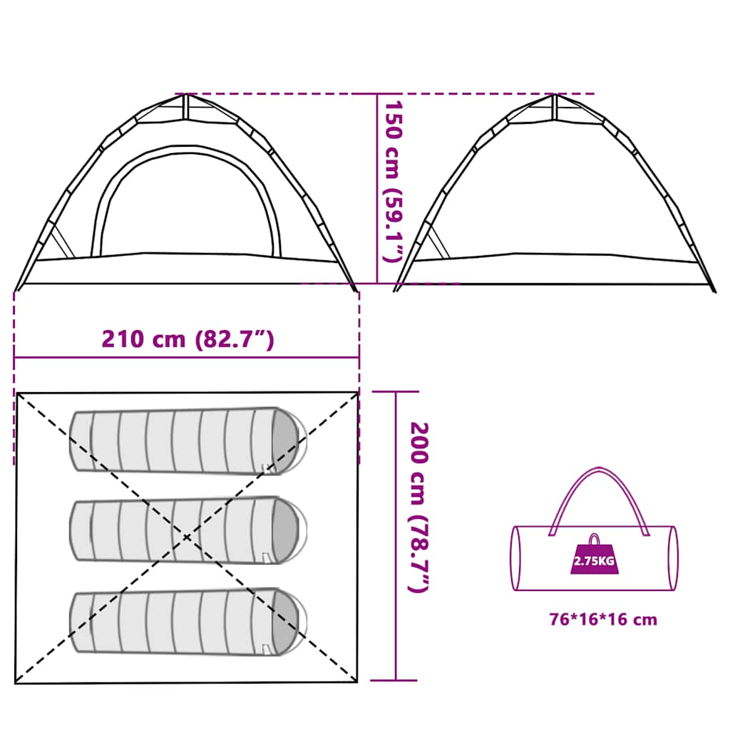 Tenda Campeggio 3 Persone Grigio e Arancione a Rilascio Rapido