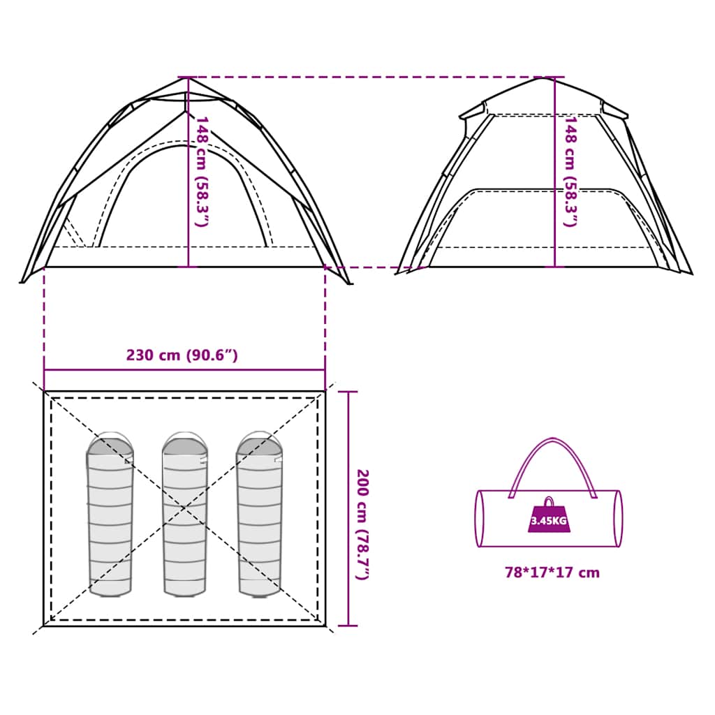 Tenda a Cupola 3 Persone Grigio e Arancione a Rilascio Rapido