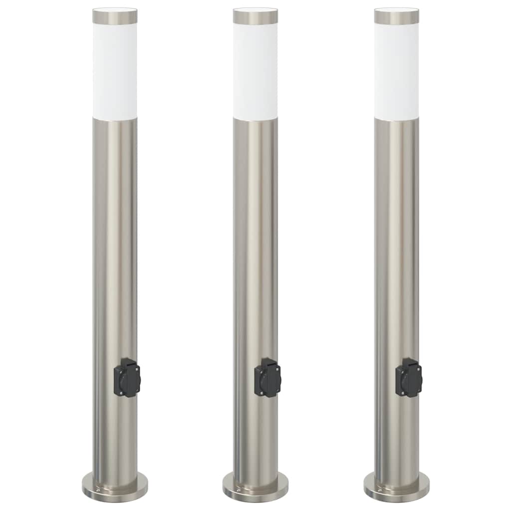 Lampioni a palo con presa elettrica 3 pz 80 cm Acciaio Inox IP44
