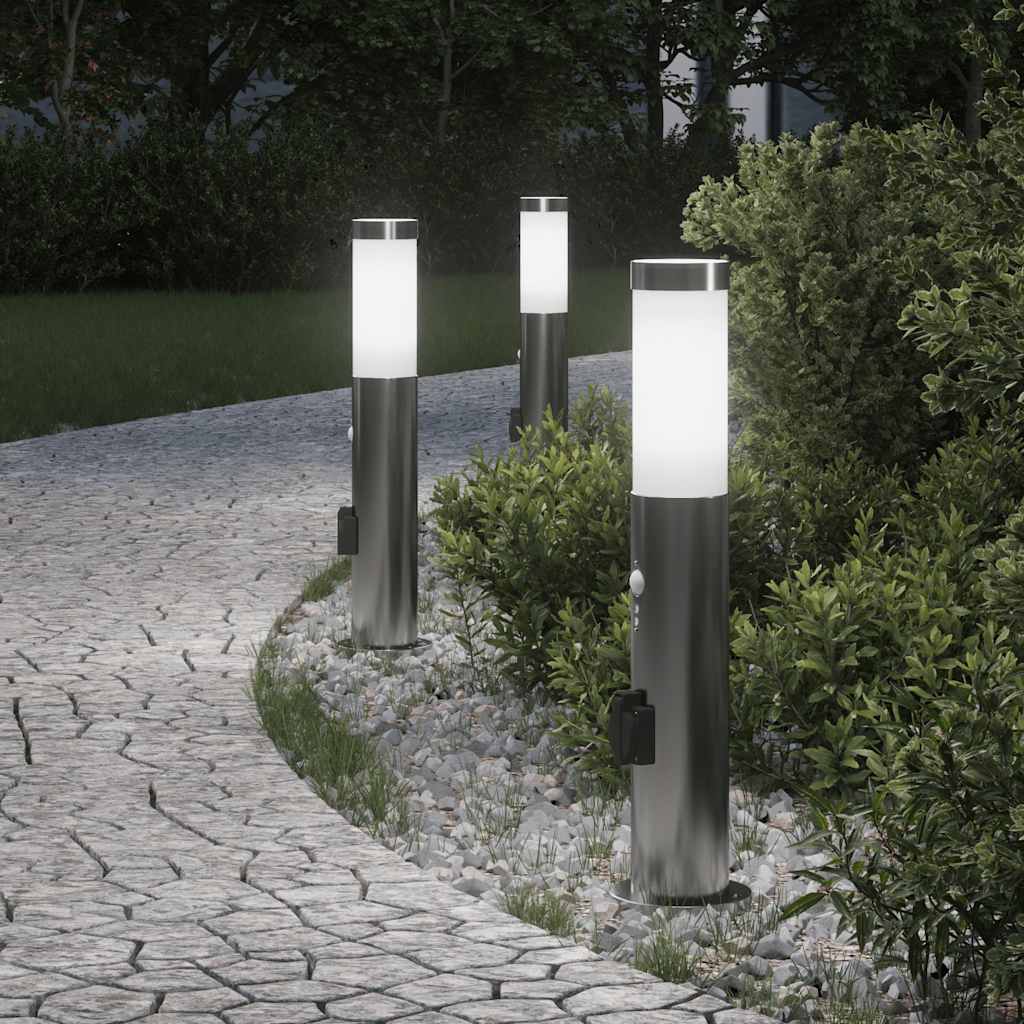 Lampioni a dissuasore con sensore e presa 3 pz 50 cm Acciaio Inox IP44