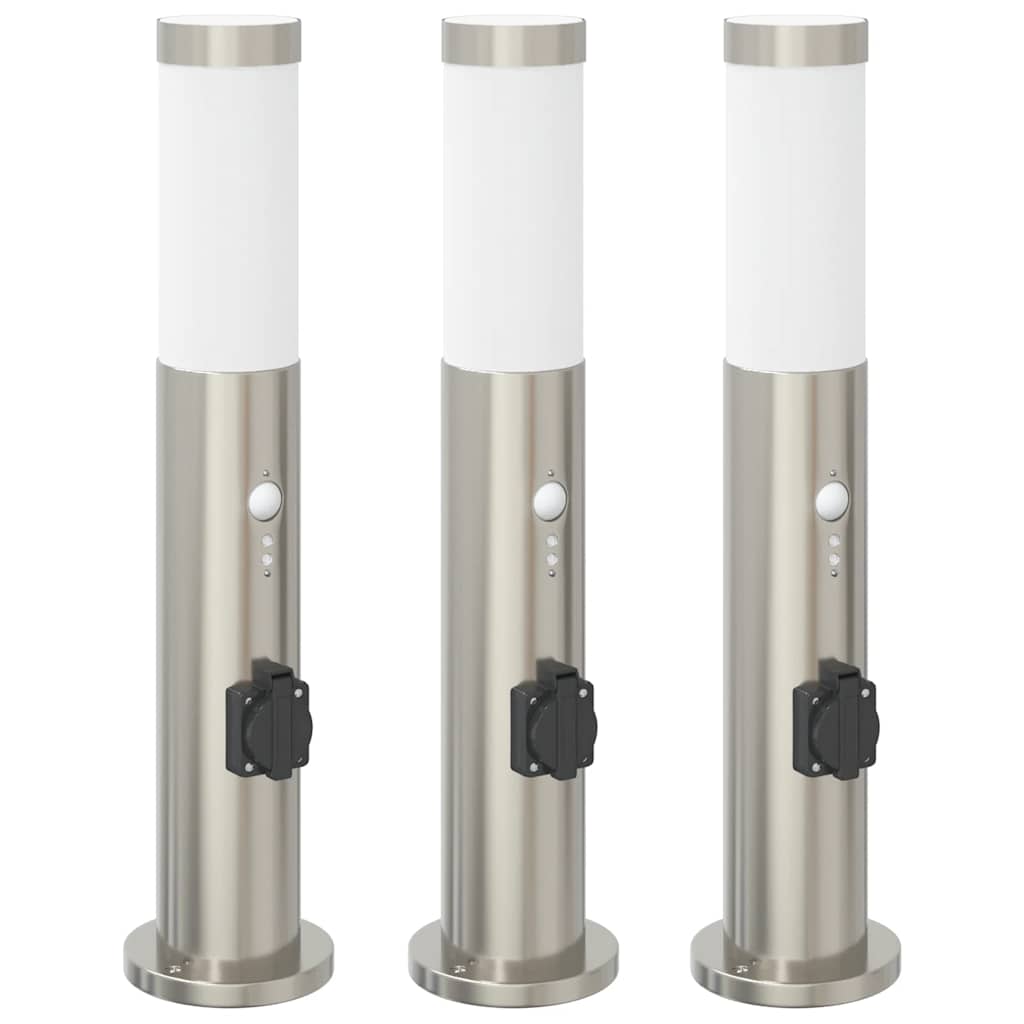 Lampioni a dissuasore con sensore e presa 3 pz 50 cm Acciaio Inox IP44