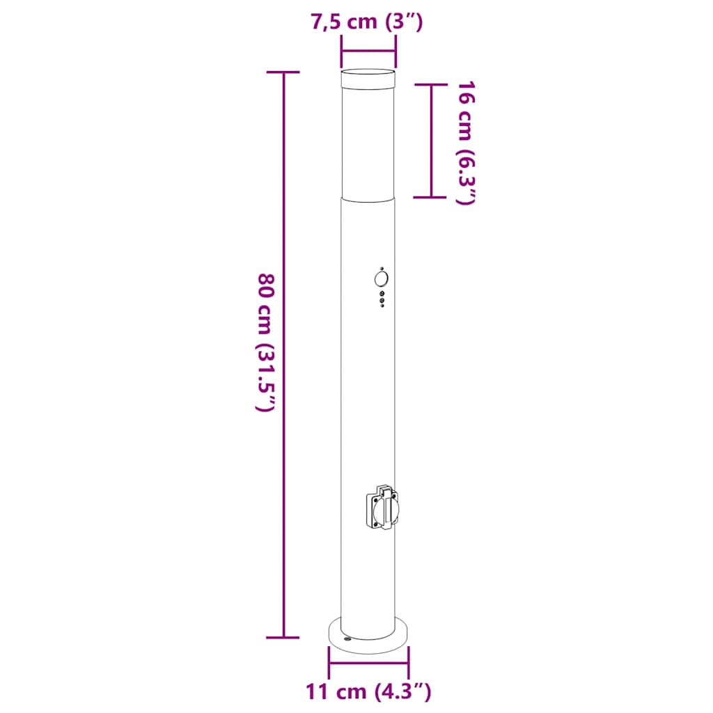 Lampioni a paletto con sensore e presa 3 pz 80 cm Acciaio Inox IP44