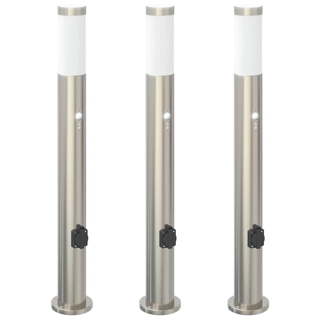 Lampioni a paletto con sensore e presa 3 pz 80 cm Acciaio Inox IP44