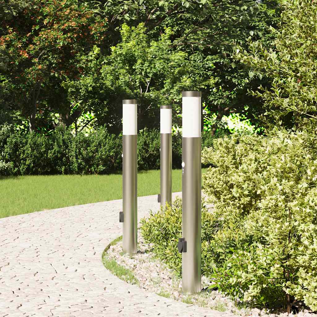 Lampioni a paletto con sensore e presa 3 pz 80 cm Acciaio Inox IP44