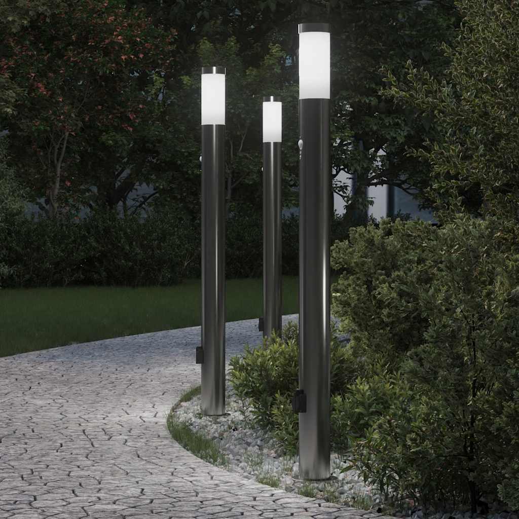 Lampioni a dissuasore con sensore e presa 3 pz 110 cm Acciaio Inox IP44
