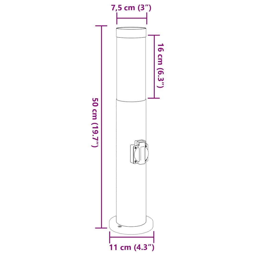 Lampada a paletto con presa elettrica 50 cm Acciaio Inox IP44