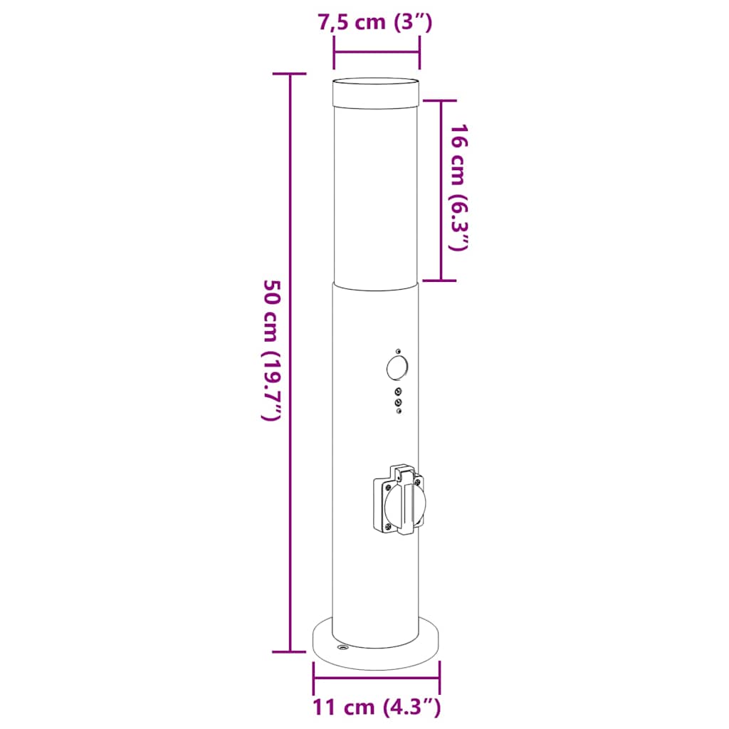 Lampioni a dissuasore con sensore e presa 3 pz 50 cm Acciaio Inox IP44