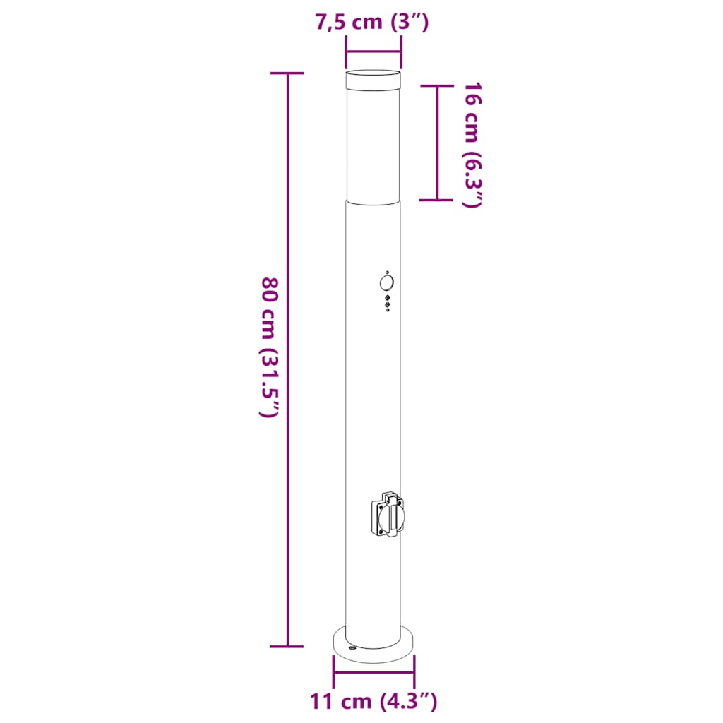 Lampada a paletto con sensore e presa 80 cm Acciaio Inox IP44