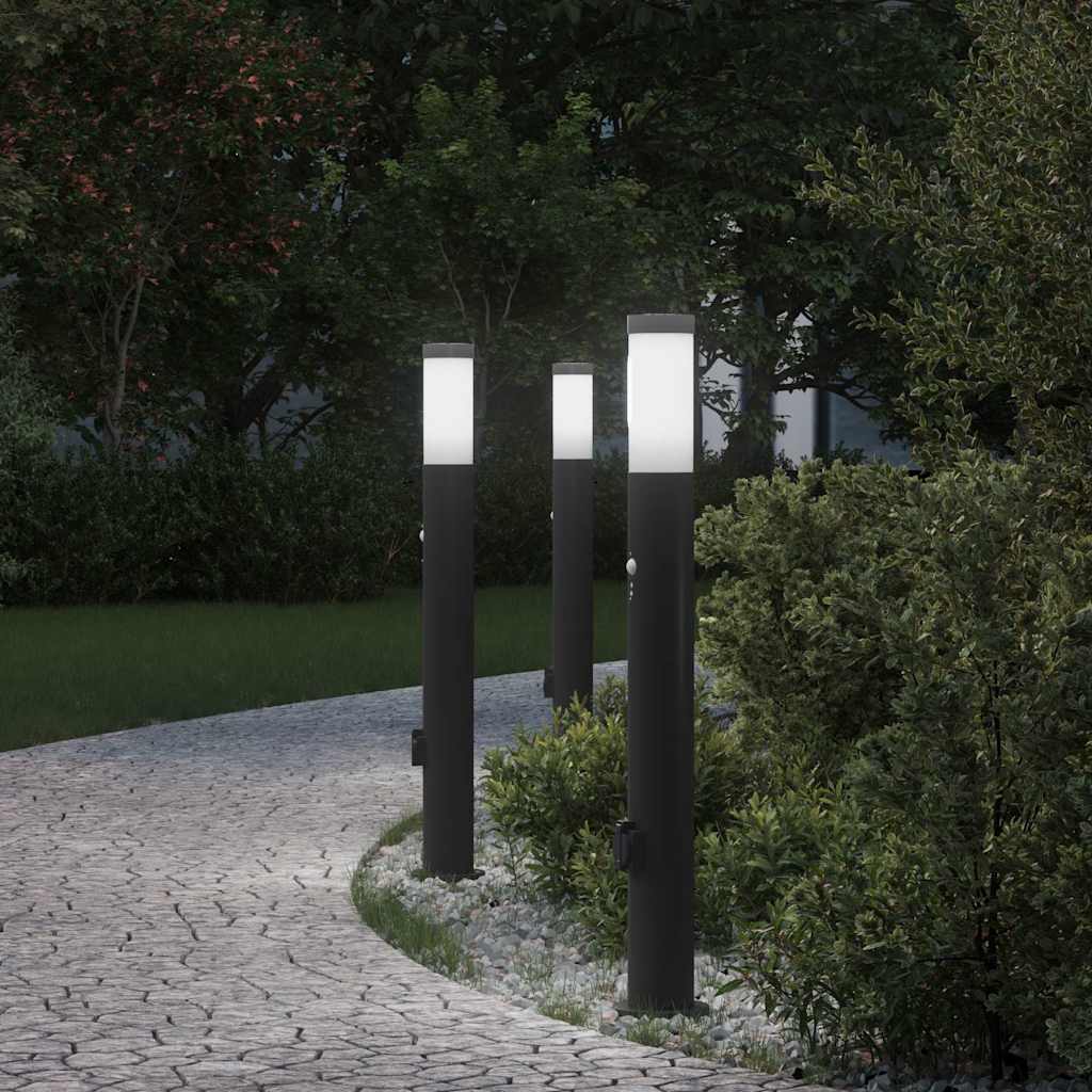Lampioni a paletto con sensore e presa 3 pz 80 cm Acciaio Inox IP44