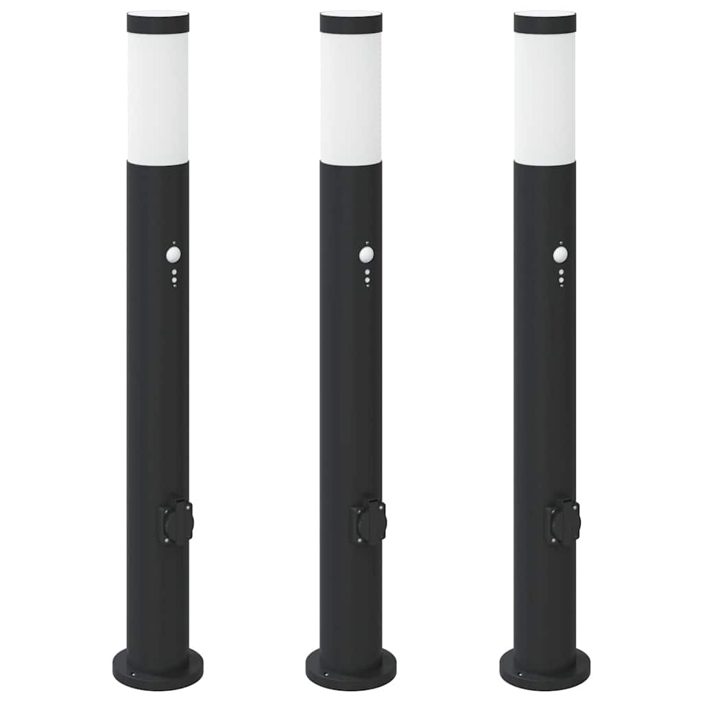 Lampioni a paletto con sensore e presa 3 pz 80 cm Acciaio Inox IP44