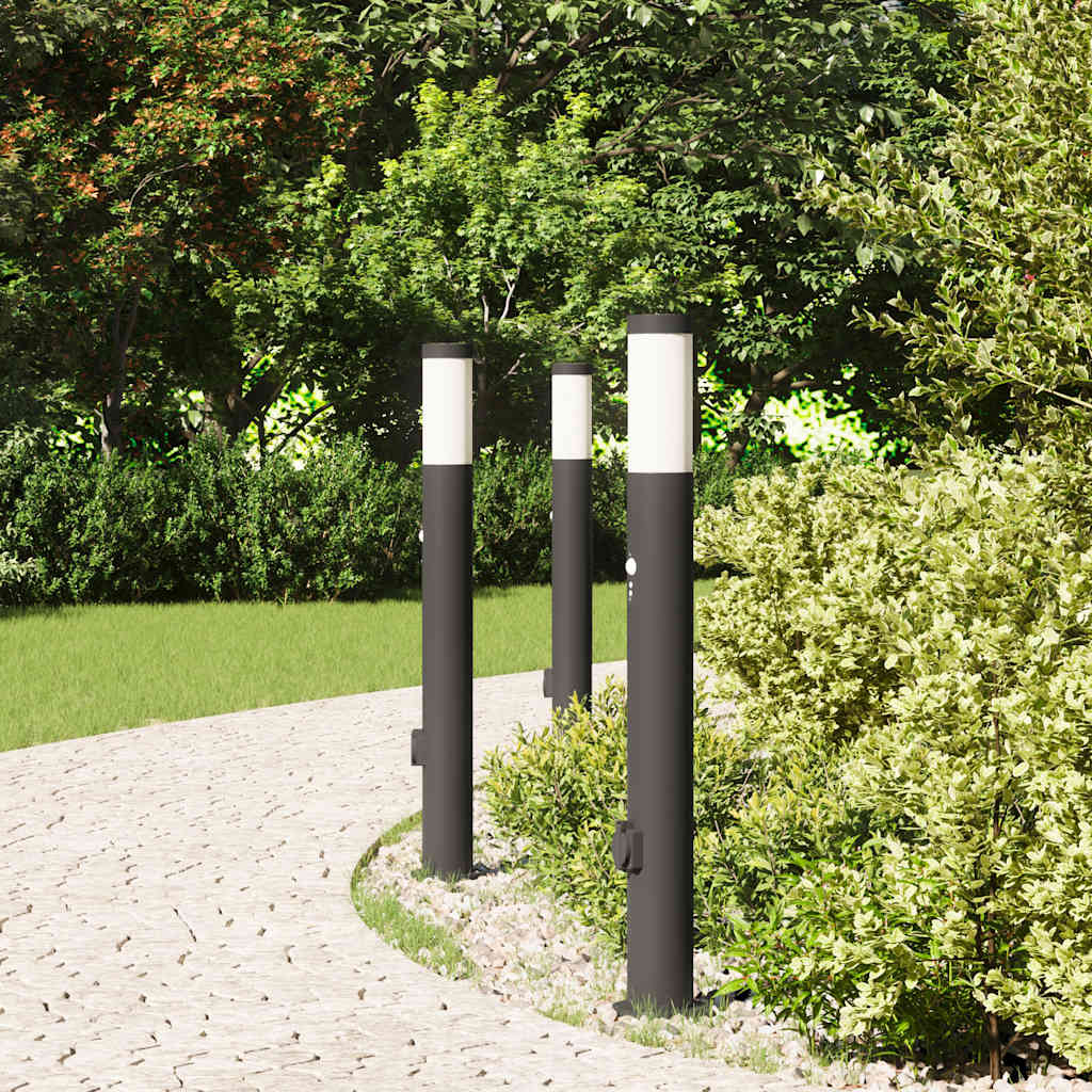 Lampioni a paletto con sensore e presa 3 pz 80 cm Acciaio Inox IP44