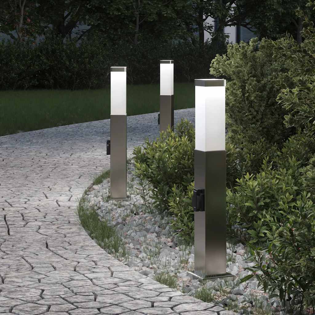 Lampioni a palo con presa elettrica 3 pz 50 cm Acciaio Inox IP44