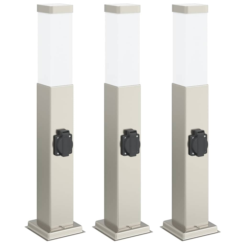 Lampioni a palo con presa elettrica 3 pz 50 cm Acciaio Inox IP44