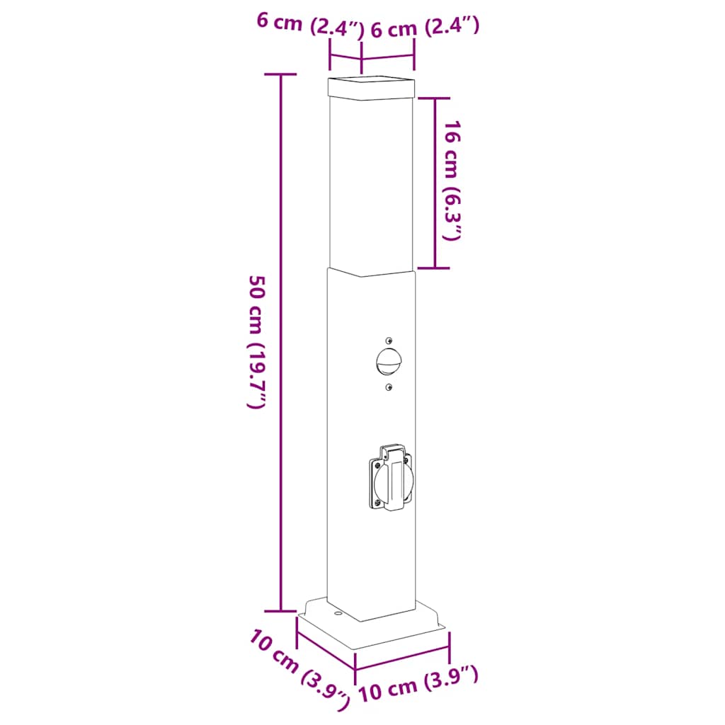 Lampioni a dissuasore con sensore e presa 3 pz 50 cm Acciaio Inox IP44