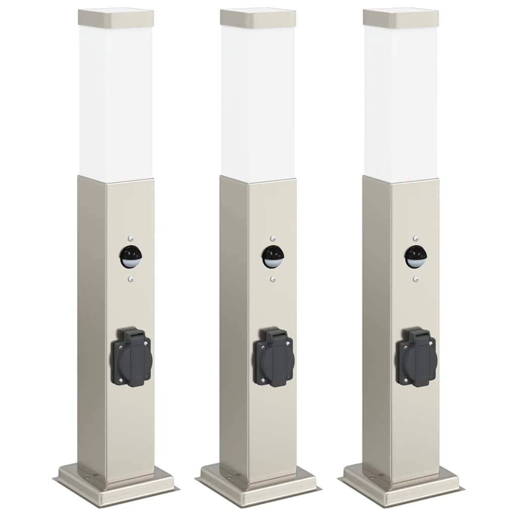 Lampioni a dissuasore con sensore e presa 3 pz 50 cm Acciaio Inox IP44