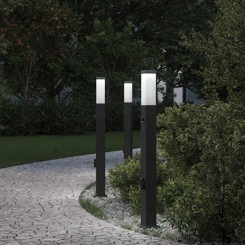 Lampioni a paletto con sensore e presa 3 pz 80 cm neri IP44