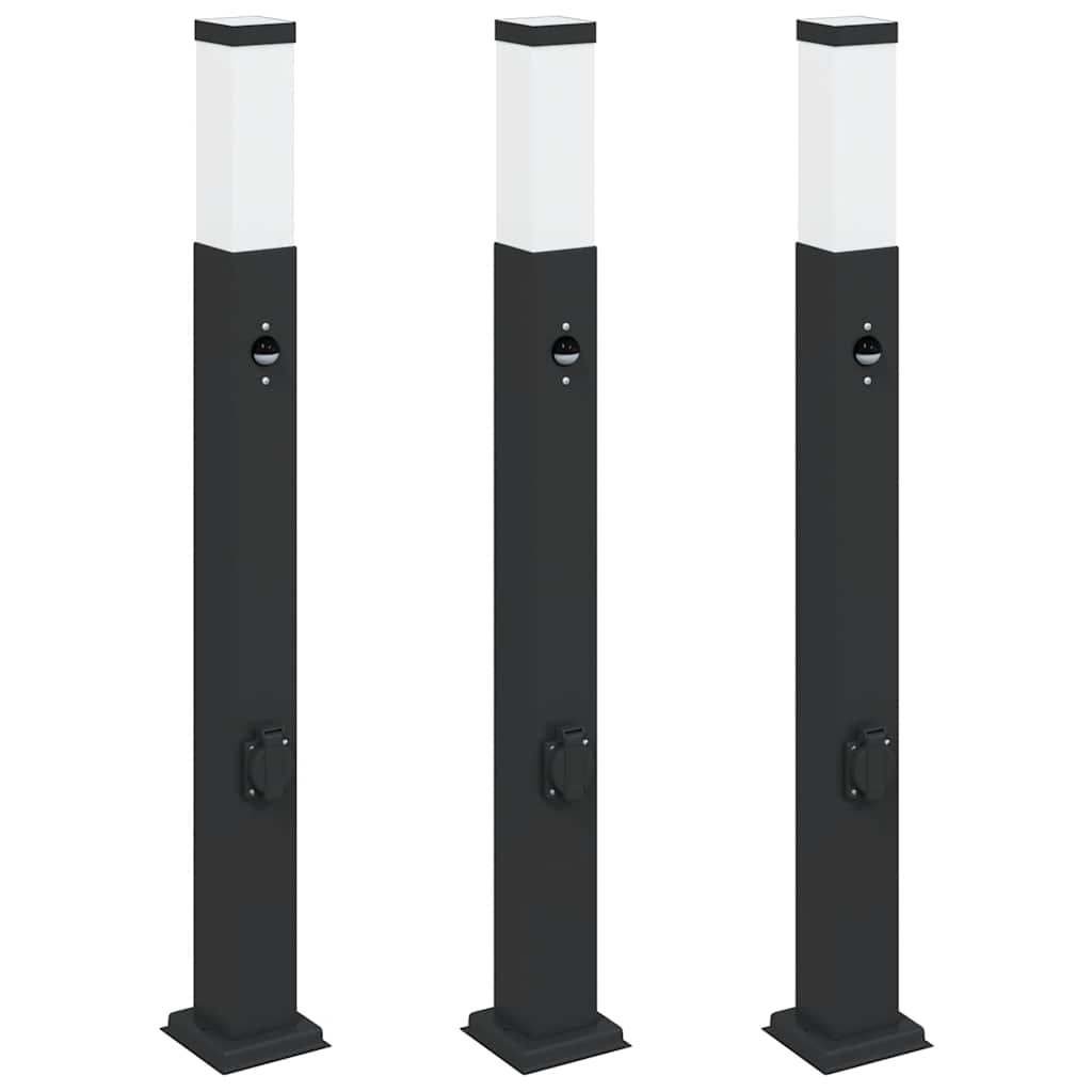 Lampioni a paletto con sensore e presa 3 pz 80 cm neri IP44