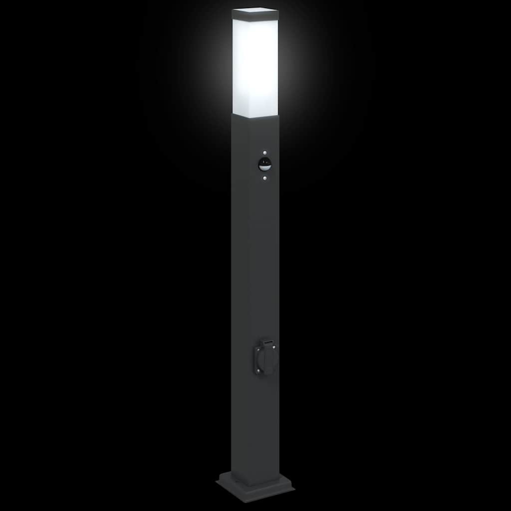 Lampioni a paletto con sensore e presa 3 pz 80 cm neri IP44