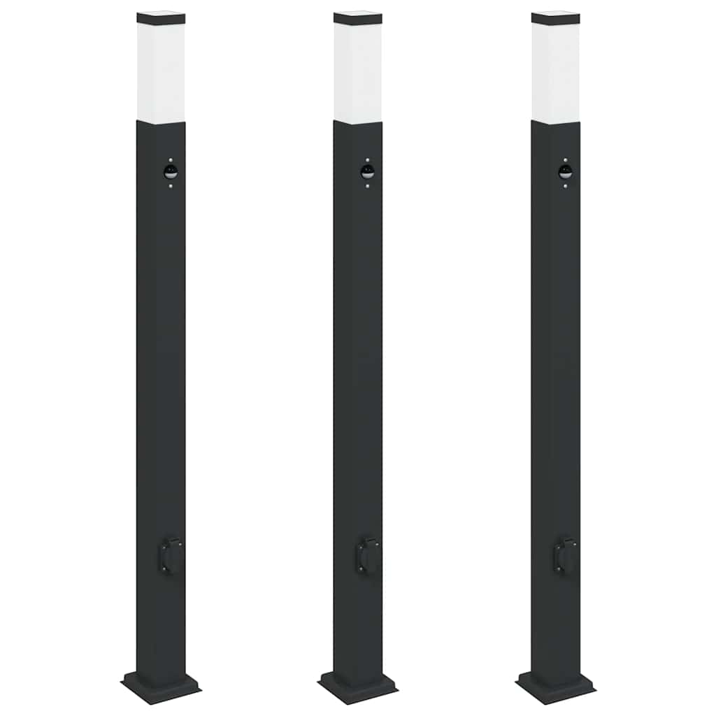 Lampioni a paletto con sensore e presa 3 pz 110 cm neri IP44