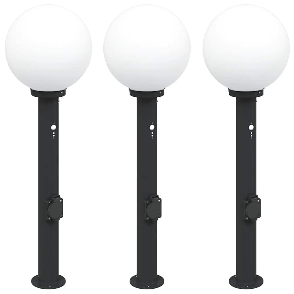 Lampioni a paletto con sensore e presa 3 pz 80 cm neri IP44