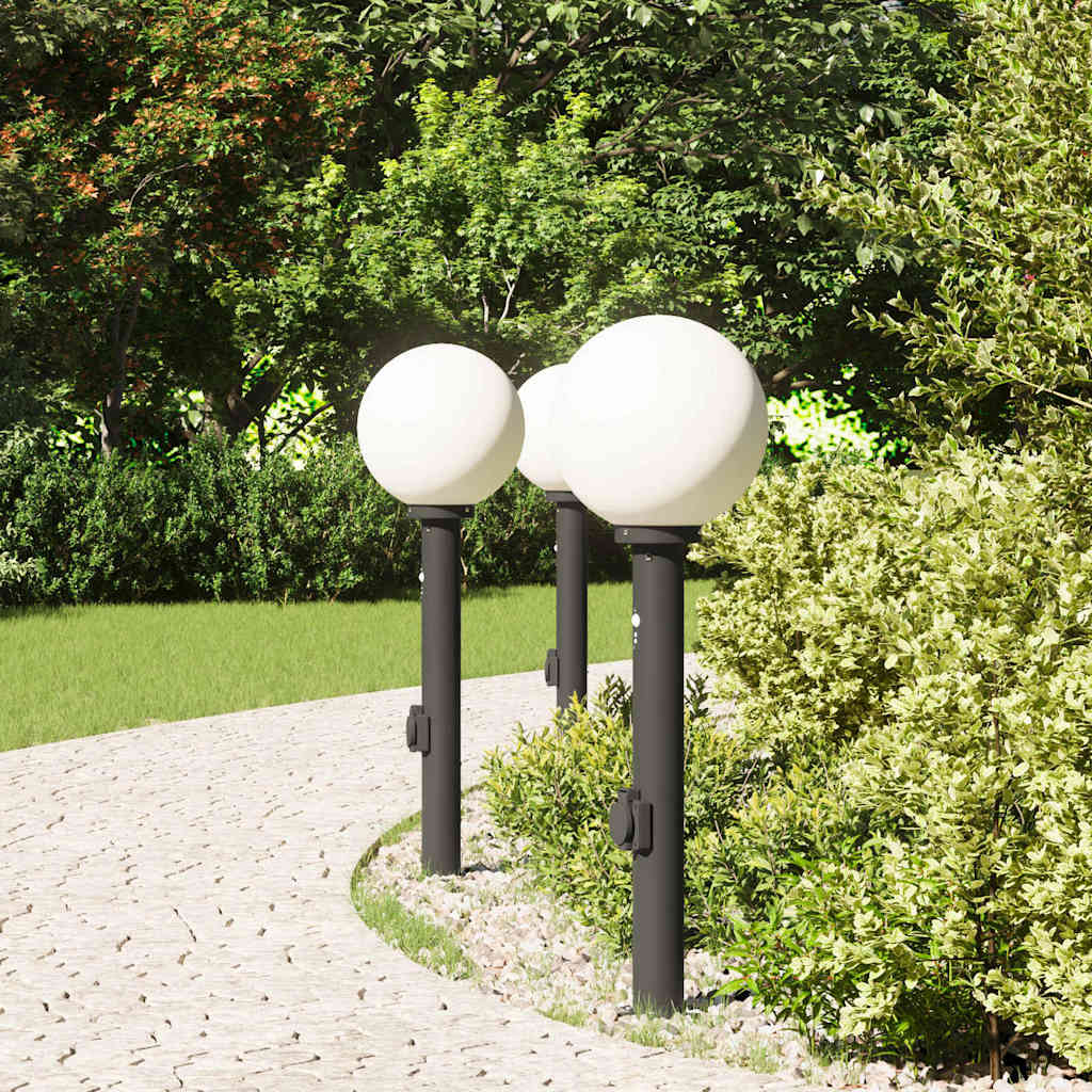 Lampioni a paletto con sensore e presa 3 pz 80 cm neri IP44