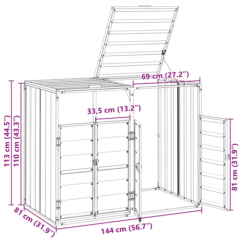 Copribidone con Ruote per 2 Bidoni Grigio 144x81x113 cm Acciaio