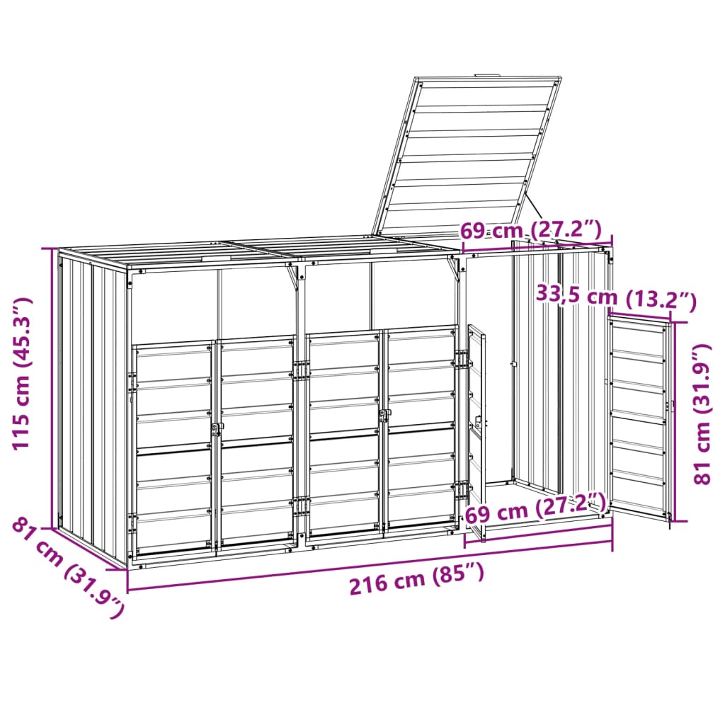 Copribidone con Ruote per 3 Bidoni Grigio 216x81x115 cm Acciaio