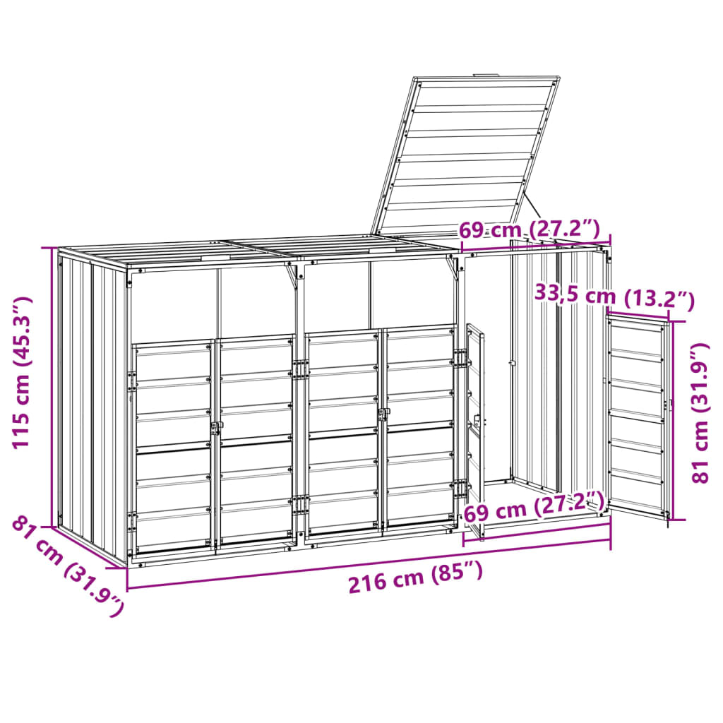 Copribidone con Ruote per 3 Bidoni Marrone 216x81x115cm Acciaio